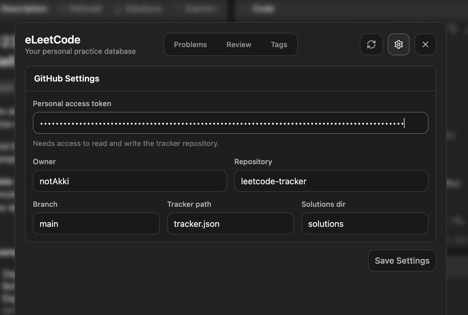 eLeetCode GitHub settings screen